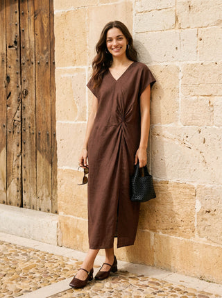 100% Linen Twist-Waist Slit Maxi Dress LYNETTE - Glamourous Grace