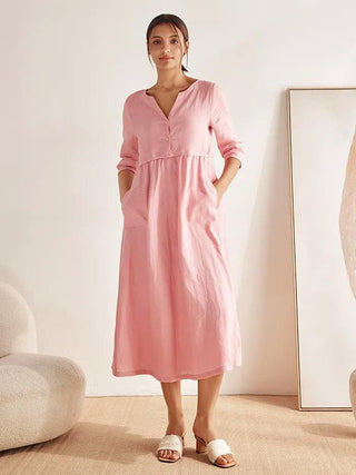 LINTICO 100% linen loose fit maxi dress with button waist and gathered design, perfect for casual summer wear.
