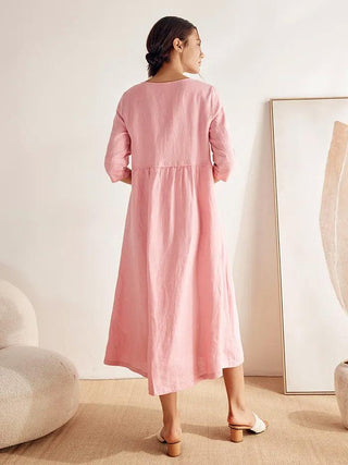 LINTICO 100% linen loose fit maxi dress with button waist and gathered design, featuring a flowing silhouette and casual elegance.