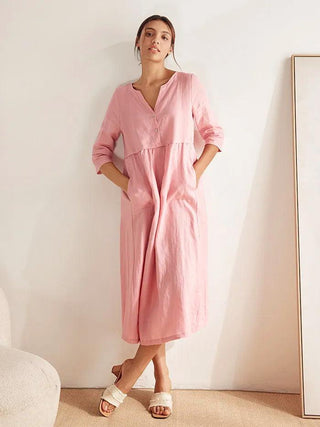 LINTICO 100% linen loose fit maxi dress with button waist and gathered design in a relaxed, flowing style.