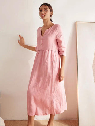 LINTICO 100% linen loose fit button waist gathered maxi dress with long sleeves and flowing silhouette, perfect for casual wear.