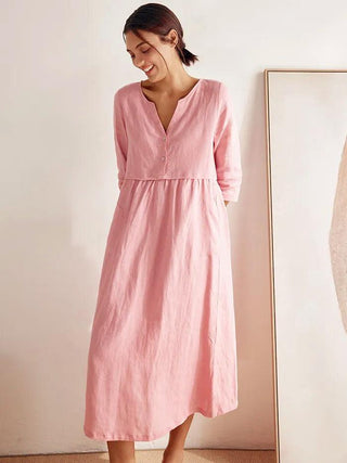 LINTICO 100% linen loose fit maxi dress with button waist and gathered design, perfect for casual summer wear.