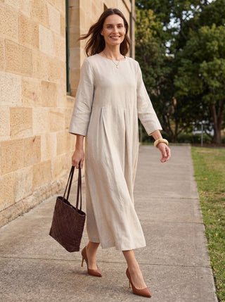 100% Linen Bateau Neck Pleated Maxi Dress