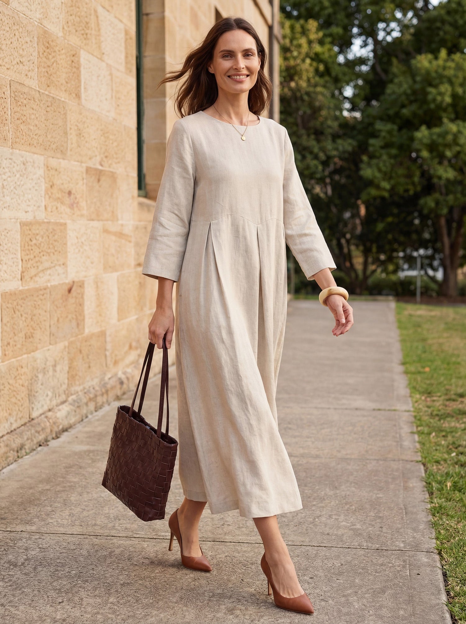 100% Linen Bateau Neck Pleated Maxi Dress ABIGAIL - Glamourous Grace