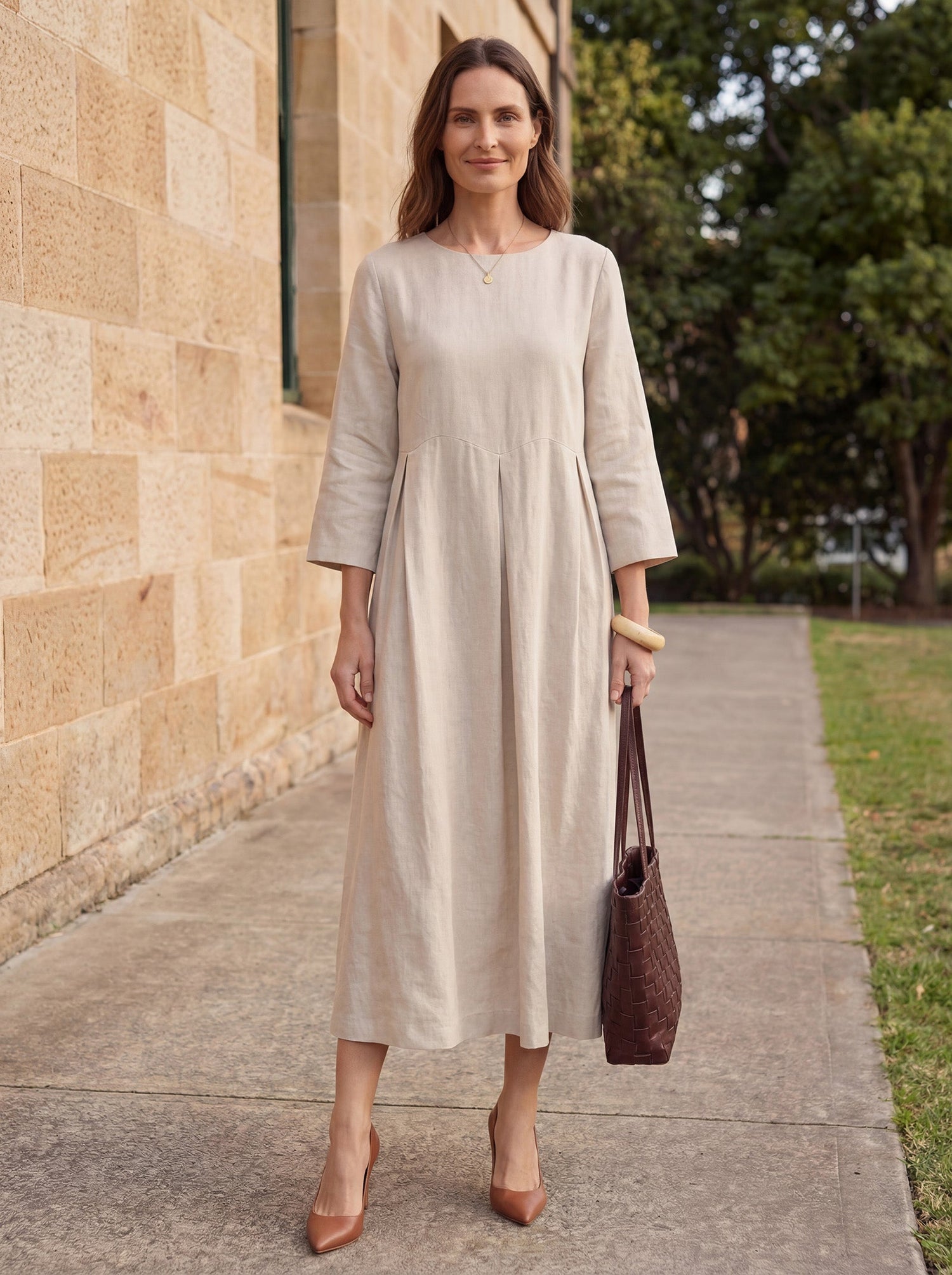100% Linen Bateau Neck Pleated Maxi Dress ABIGAIL - Glamourous Grace