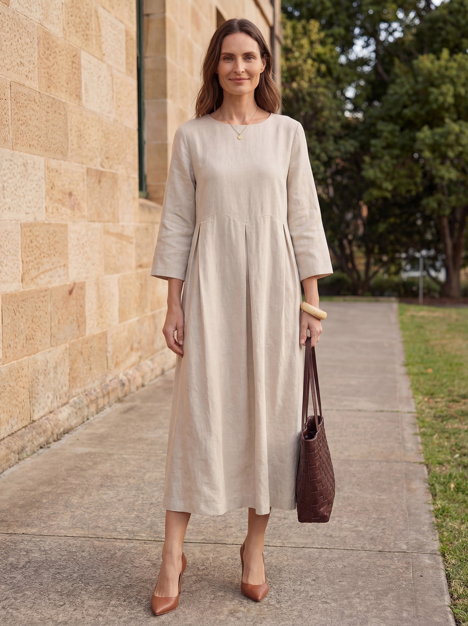 100% Linen Bateau Neck Pleated Midi Dress ABIGAIL - Glamourous Grace