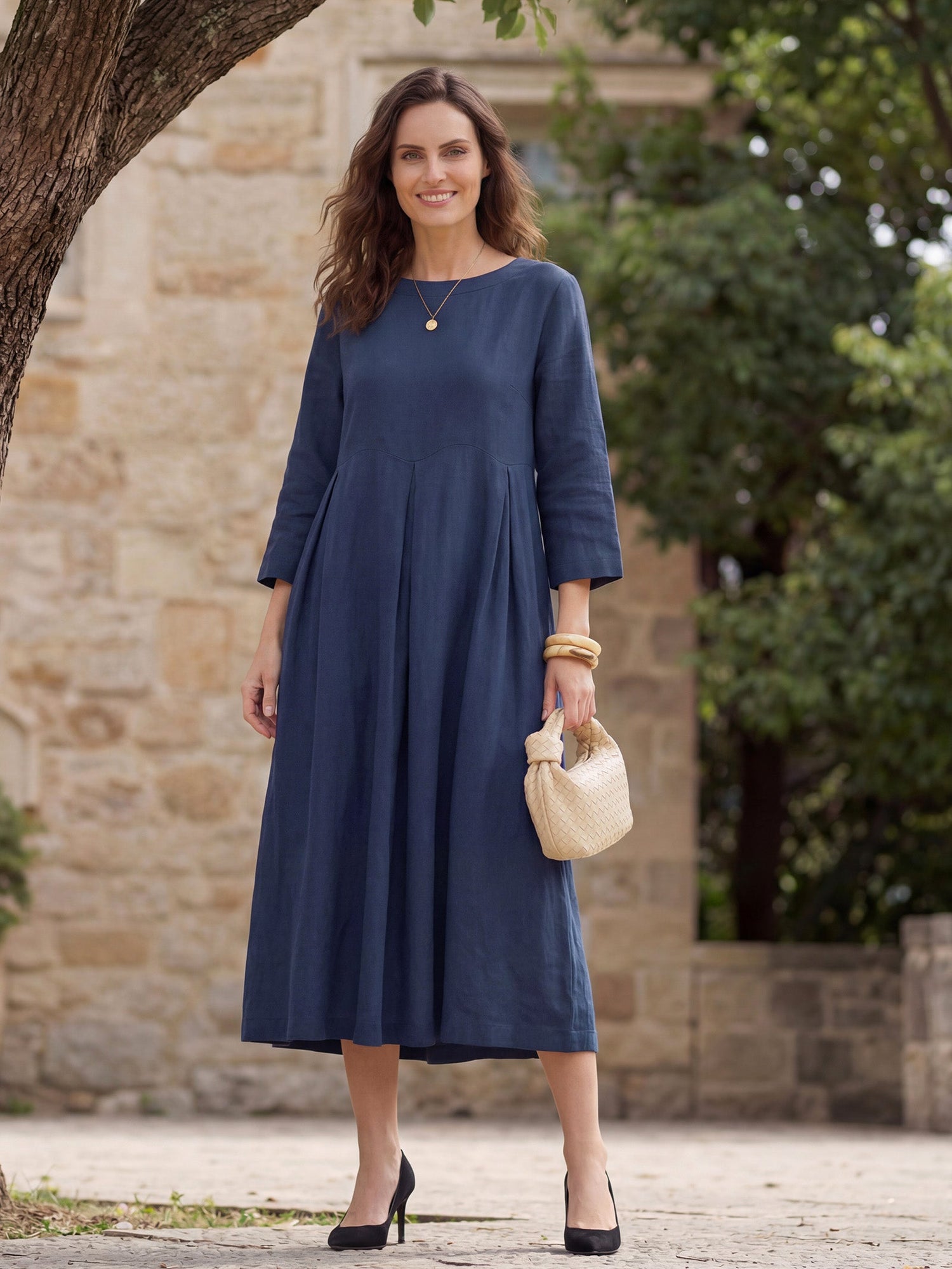 100% Linen Bateau Neck Pleated Maxi Dress - Glamourous Grace