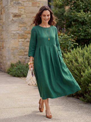 100% Linen Bateau Neck Pleated Maxi Dress