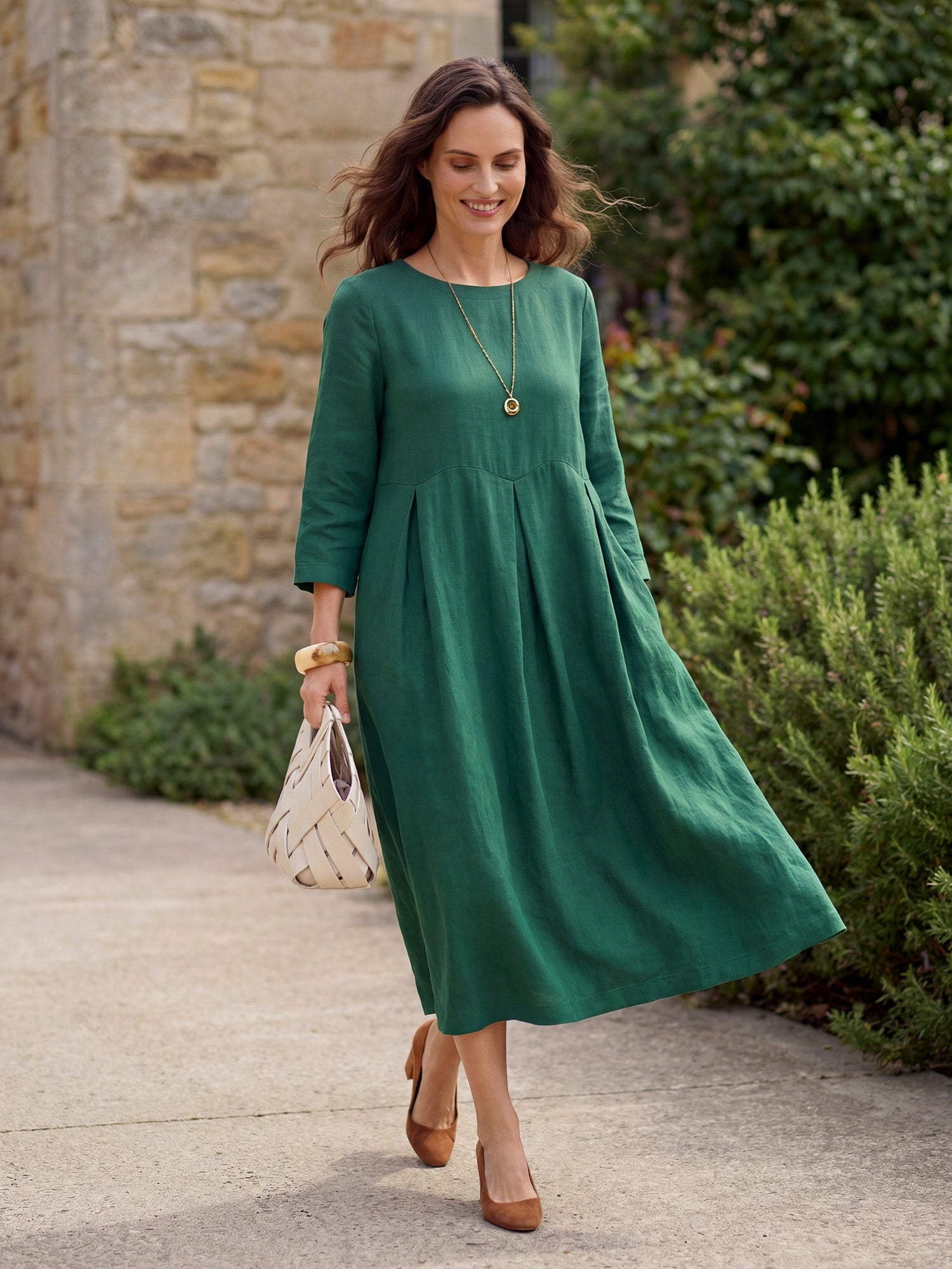 100% Linen Bateau Neck Pleated Maxi Dress ABIGAIL - Glamourous Grace