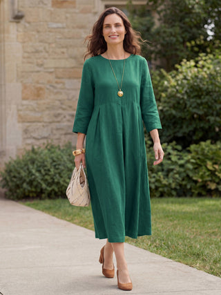 LINTICO 100% linen Bateau neck pleated maxi dress in Verdant Green, featuring a flowing silhouette and elegant design.