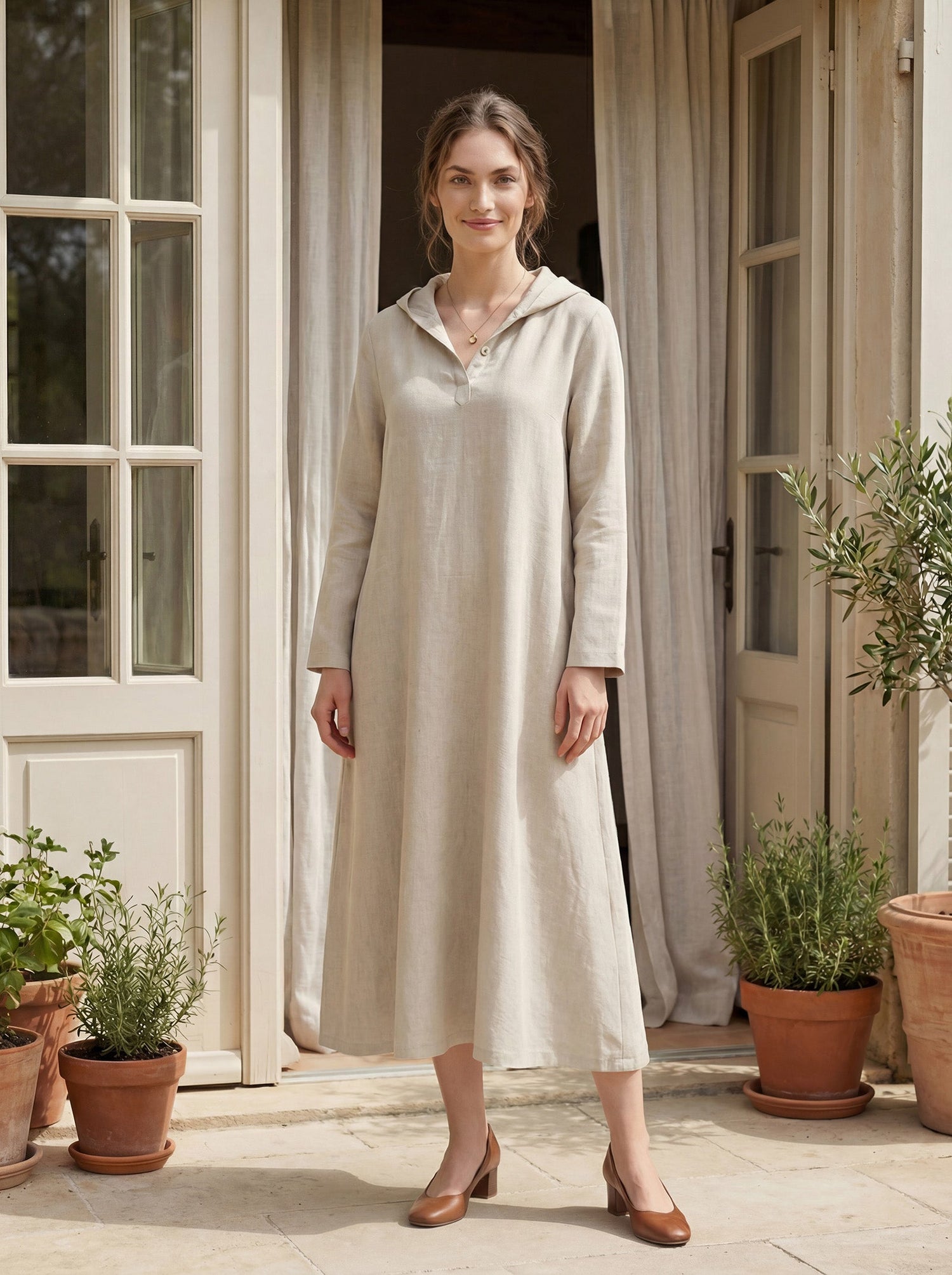 100% Linen Hooded Pullover Maxi Dress REBECCA - Glamourous Grace