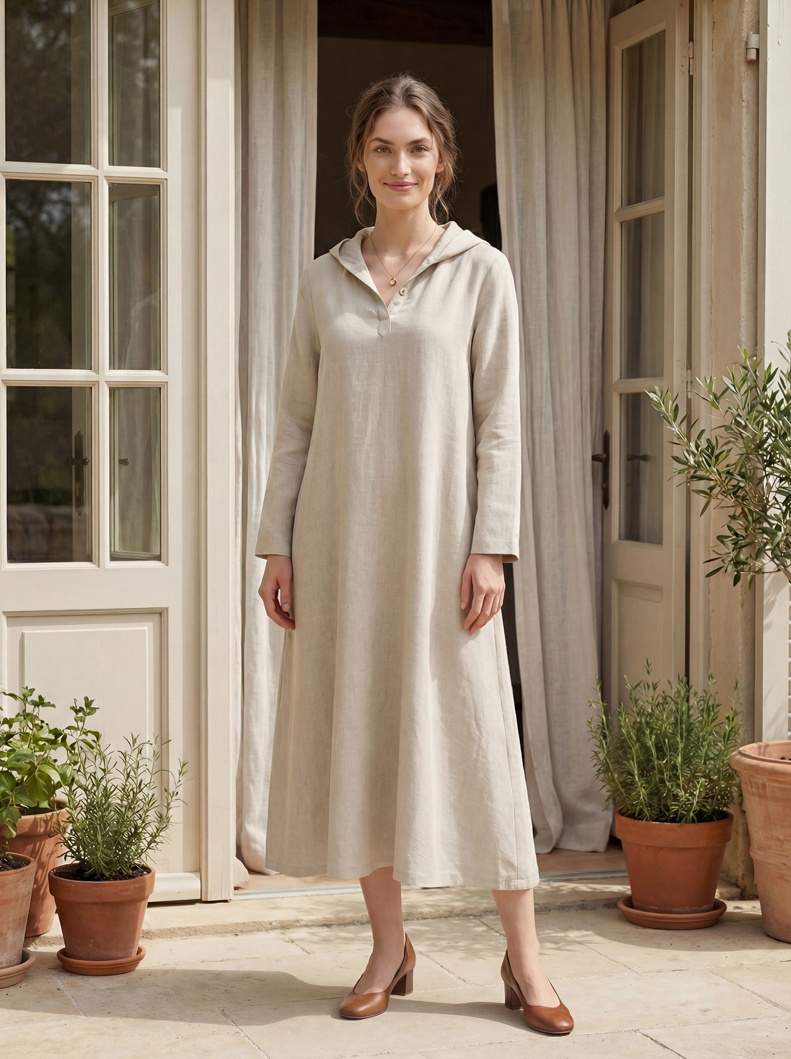 100% Linen Hooded Pullover Midi Dress REBECCA - Glamourous Grace