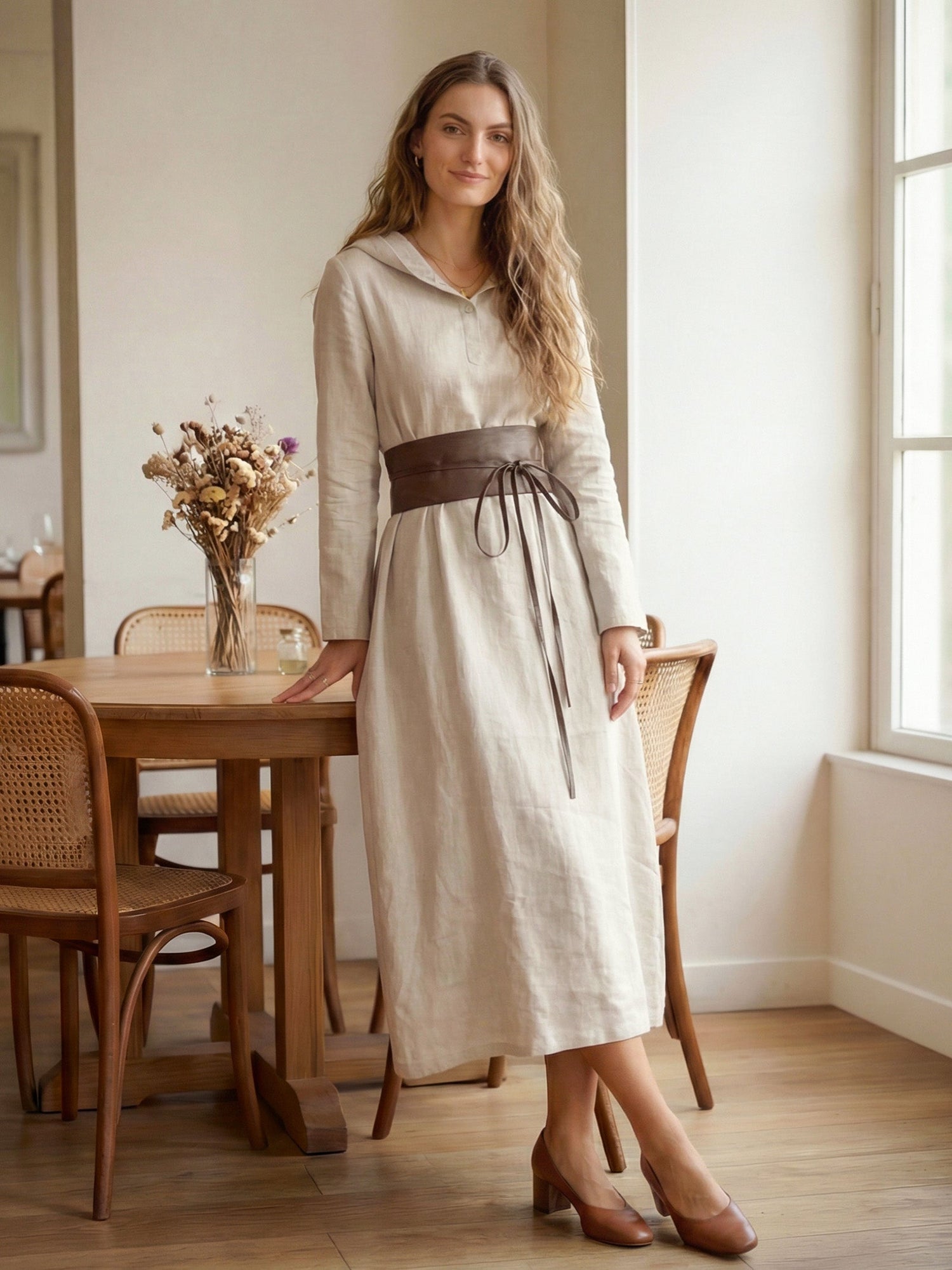 100% Linen Hooded Pullover Maxi Dress REBECCA - Glamourous Grace