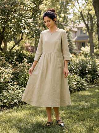 100% Linen Shirred Waistline Patch Pocket Maxi Dress MARCELLA - Glamourous Grace