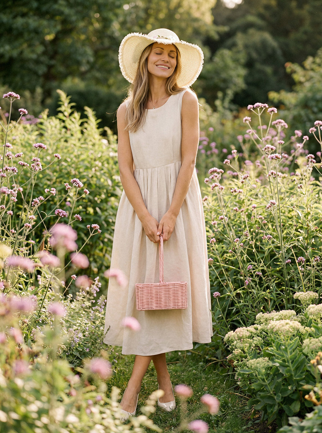 100% Linen Sleeveless Crew Neck Waist Pleated Maxi Dress SELENE - Glamourous Grace