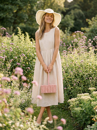 100% Linen Sleeveless Crew Neck Waist Pleated Maxi Dress SELENE - Glamourous Grace