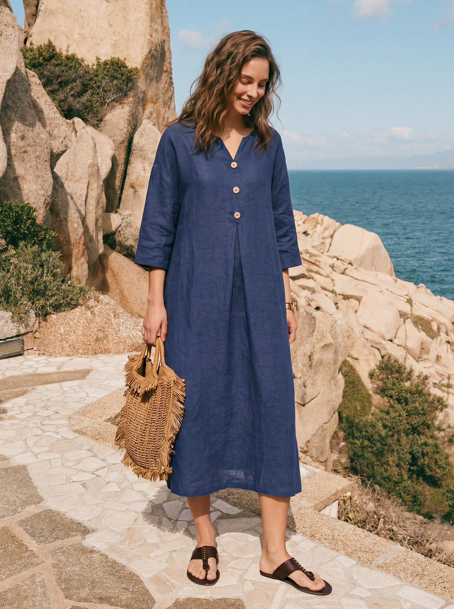 100% Linen Notch Neck Inverted Pleat Maxi Dress MATILDE - Glamourous Grace