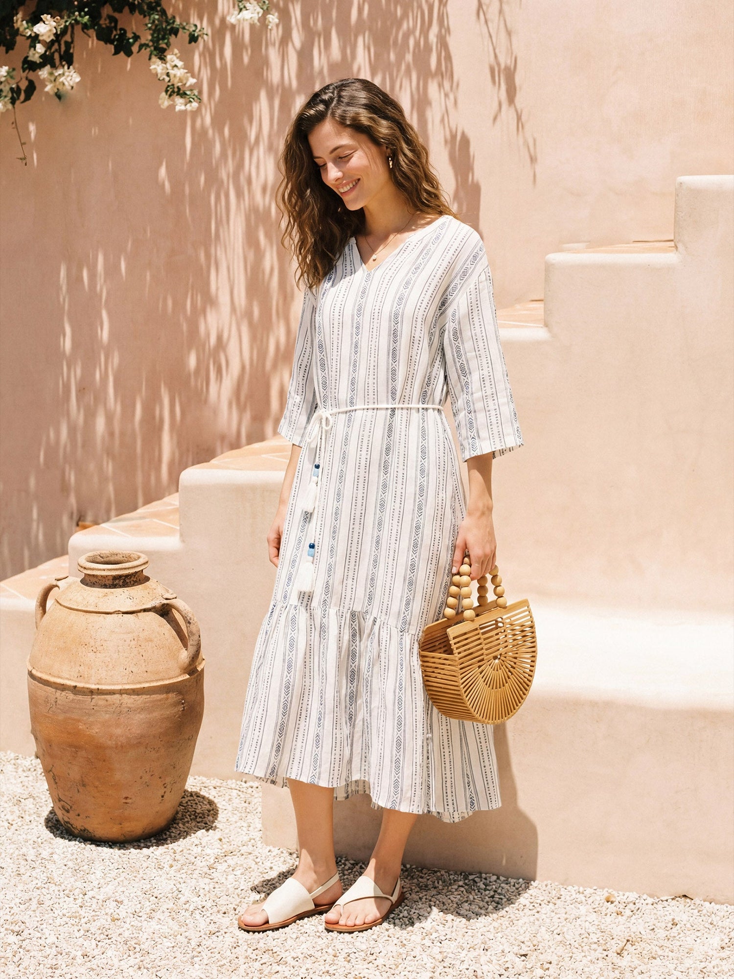 Linen Tribal Stripe Split Neck Bohemian Ruffle Maxi Dress with Woven Belt and Slip MARLOWE - Glamourous Grace