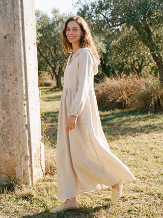 100% Linen Sculpted-Hood Caftan Maxi Dress LINETTE - Glamourous Grace