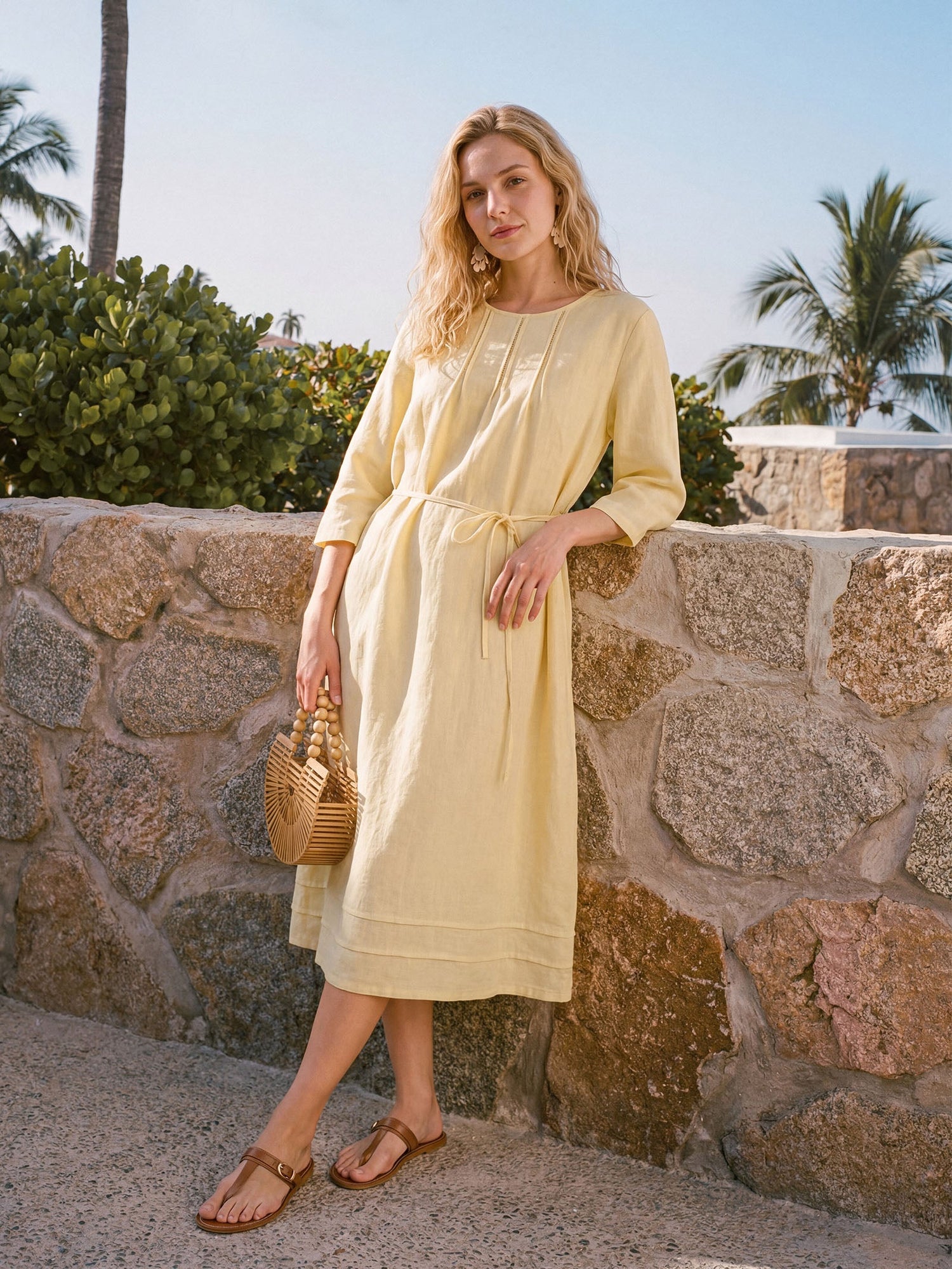 100% Linen Pintucked Embroidered Adjustable Belt Tiered Maxi Dres VERENA - Glamourous Grace
