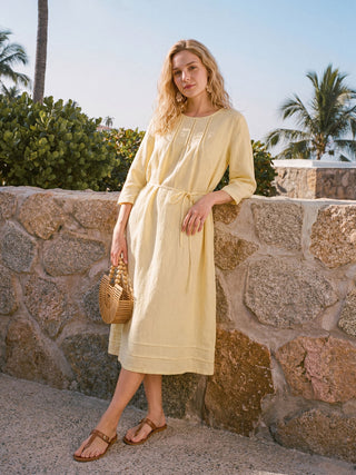 100% Linen Pintucked Embroidered Adjustable Belt Tiered Maxi Dres VERENA - Glamourous Grace