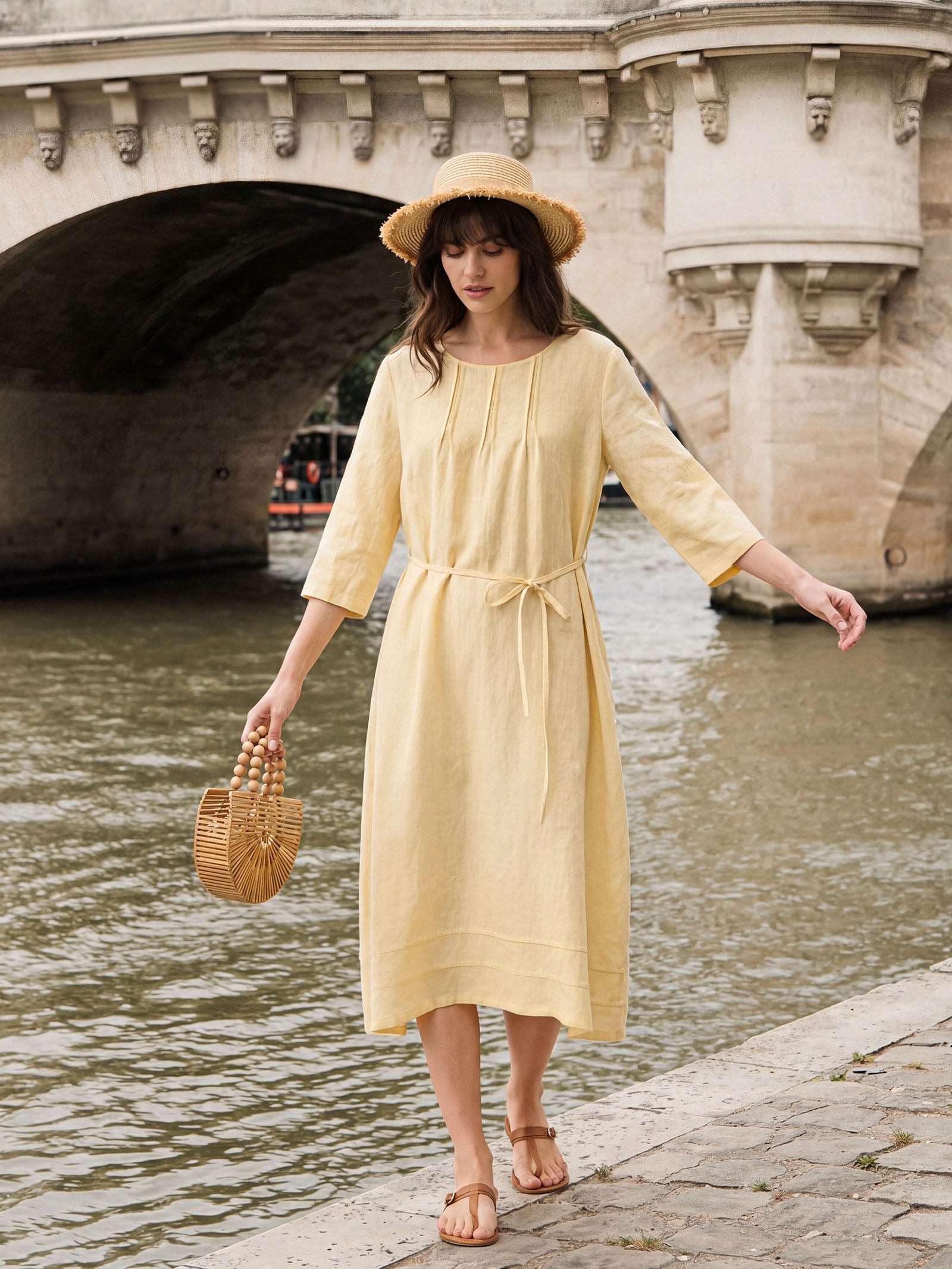 100% Linen Pintucked Embroidered Adjustable Belt Tiered Midi Dres VERENA - Glamourous Grace