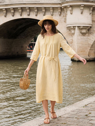 100% Linen Pintucked Embroidered Adjustable Belt Tiered Maxi Dres VERENA - Glamourous Grace