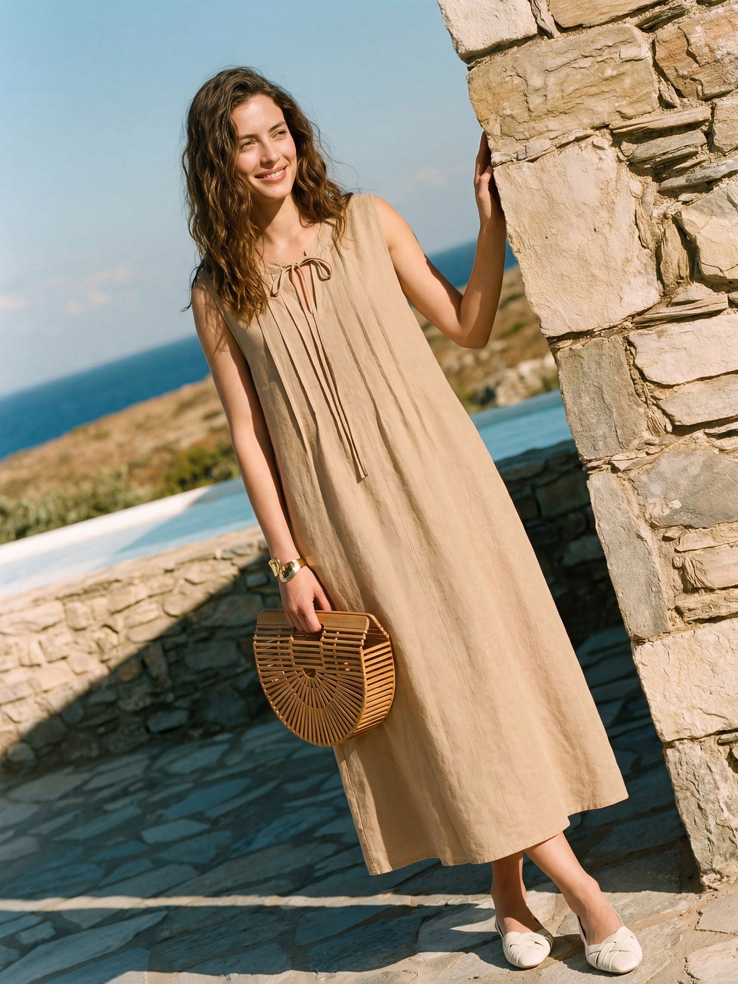 100% Linen Sleeveless Tie-Neck Pintucked Maxi Dress MILLICENT - Glamourous Grace