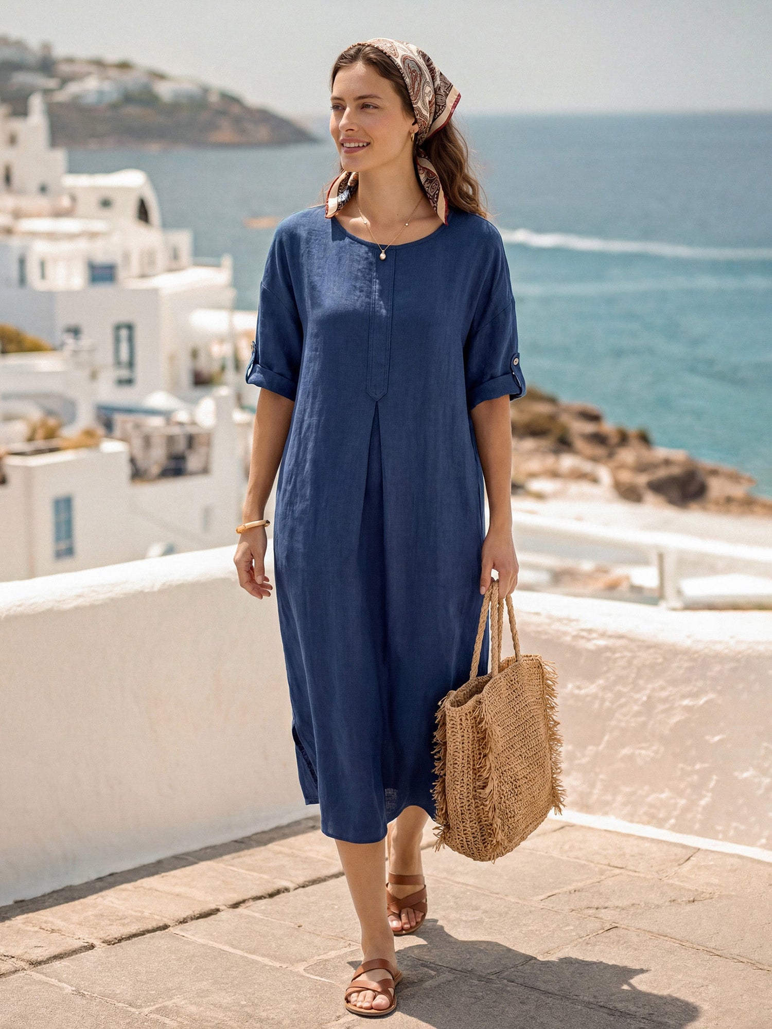 100% Linen Roll-Up Sleeve Inverted Pleat Maxi Dress MARIBEL - Glamourous Grace