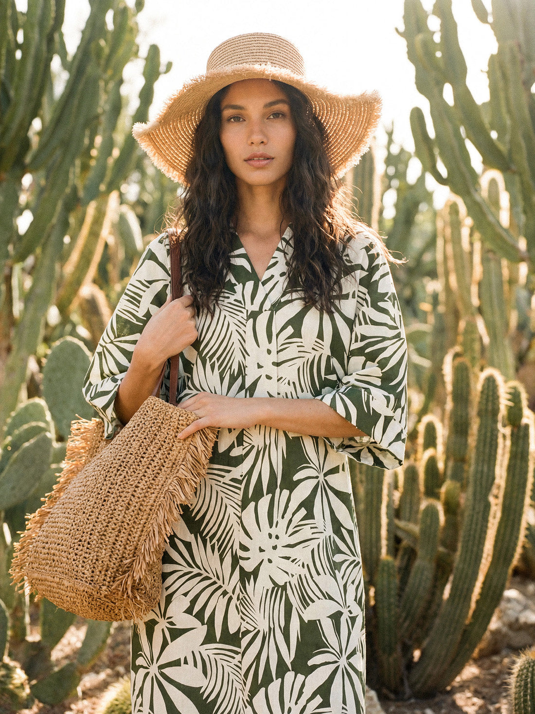 Linen Palm Print Camp Collar Relaxed Maxi Shirt Dress MINERVA - Glamourous Grace