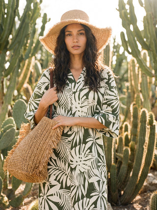 Linen Palm Print Camp Collar Relaxed Maxi Shirt Dress MINERVA - Glamourous Grace