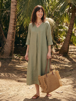 100% Linen Center Pleat V-Neck Cuffed Sleeve Maxi Dress ZENOBIA
