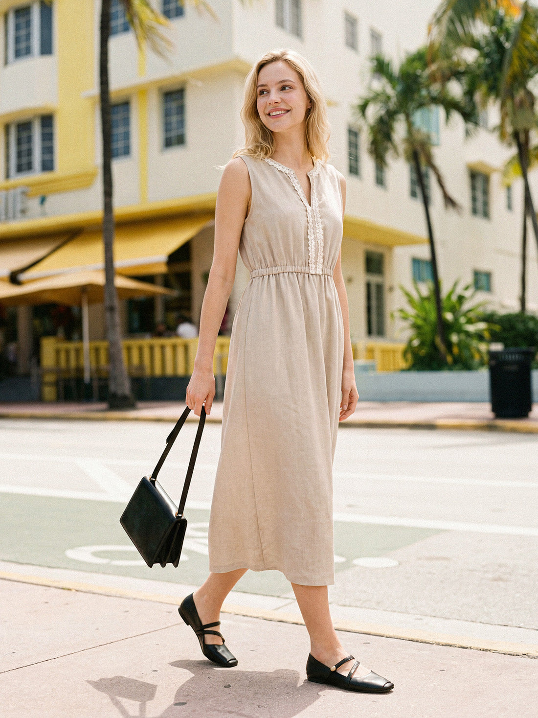 100% Linen Ruffle Trim Elasticated Waist Sleeveless Midi Dress LUCINDA - Glamourous Grace