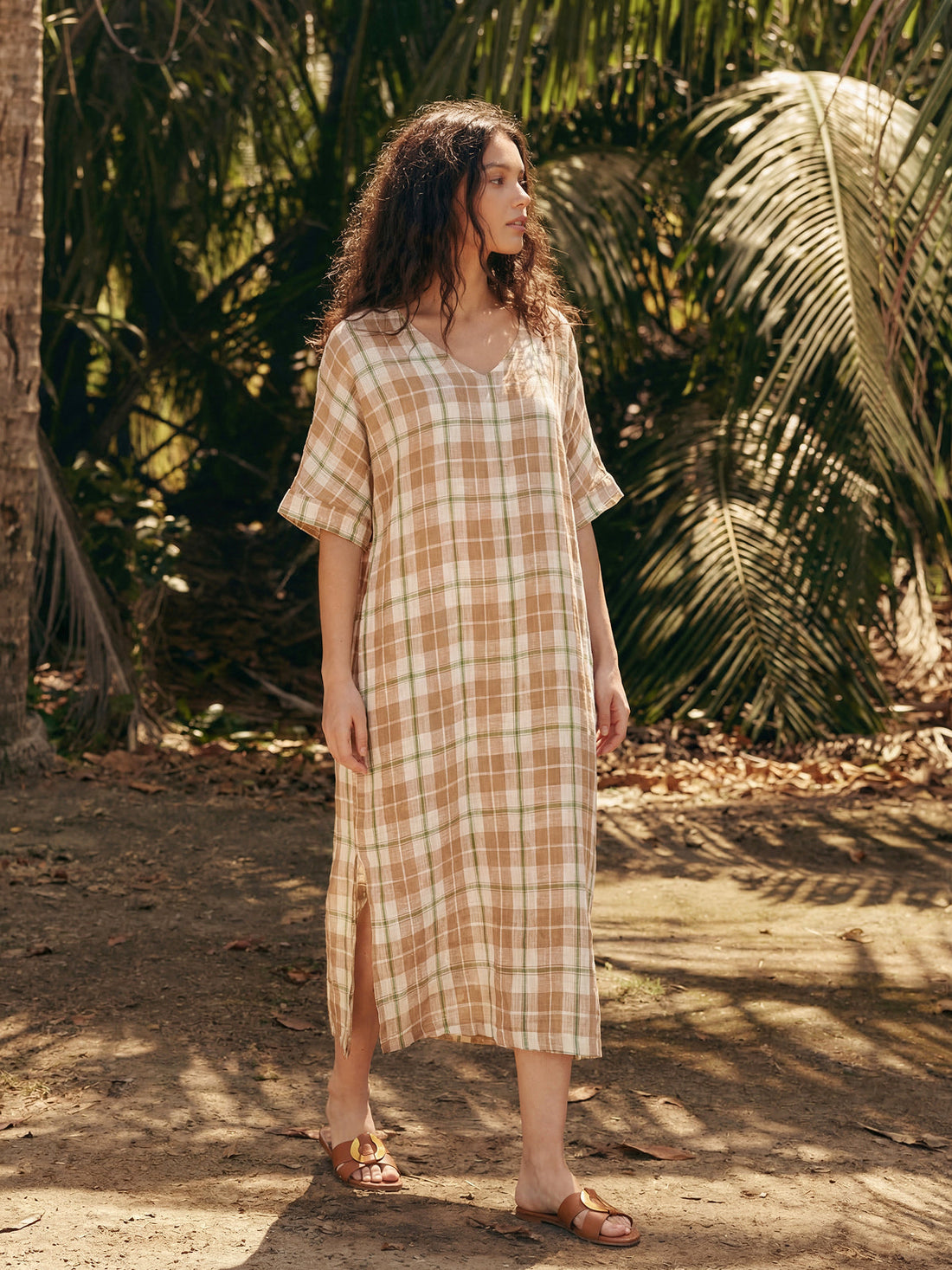 100% Linen Plaid Deep V-Neck Drop Shoulder Side Slit Maxi Dress LESLIE - Glamourous Grace