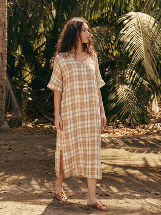 100% Linen Plaid Deep V-Neck Drop Shoulder Side Slit Maxi Dress LESLIE - Glamourous Grace