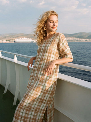 100% Linen Plaid Deep V-Neck Drop Shoulder Side Slit Maxi Dress LESLIE - Glamourous Grace
