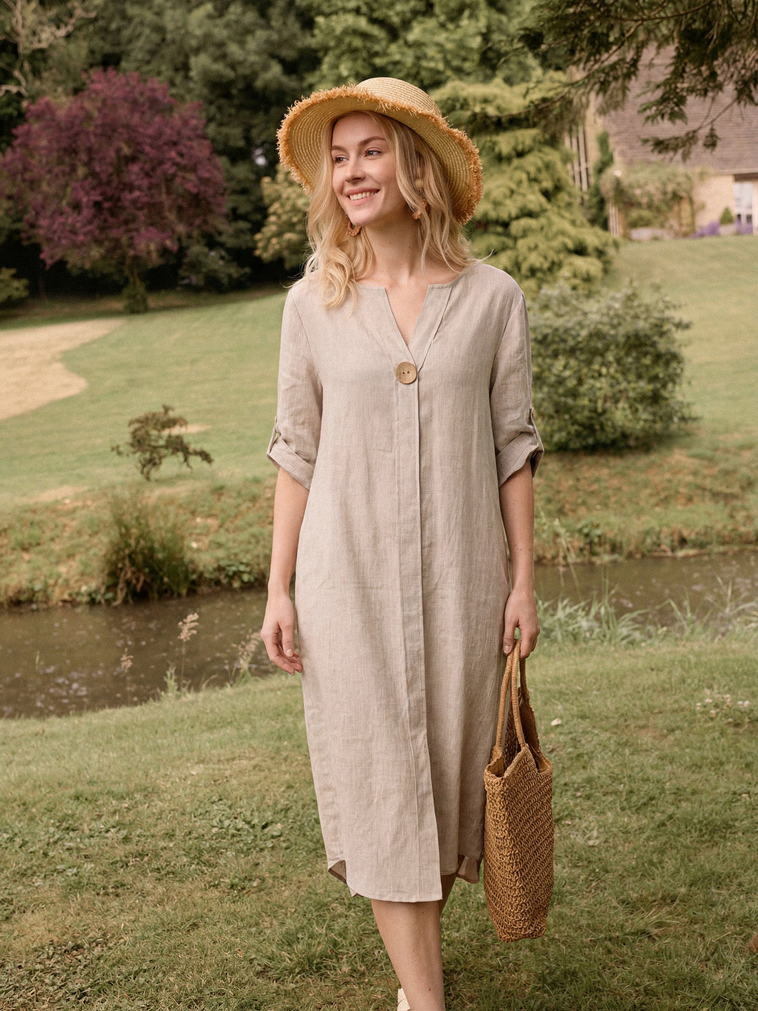 100% Linen Stand Collar V-Slit Tab Sleeve Maxi Dress LEORA - Glamourous Grace