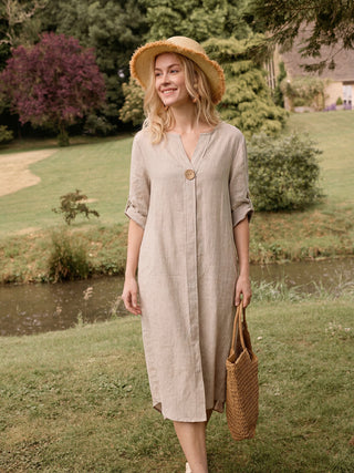 100% Linen Stand Collar V-Slit Tab Sleeve Maxi Dress LEORA - Glamourous Grace