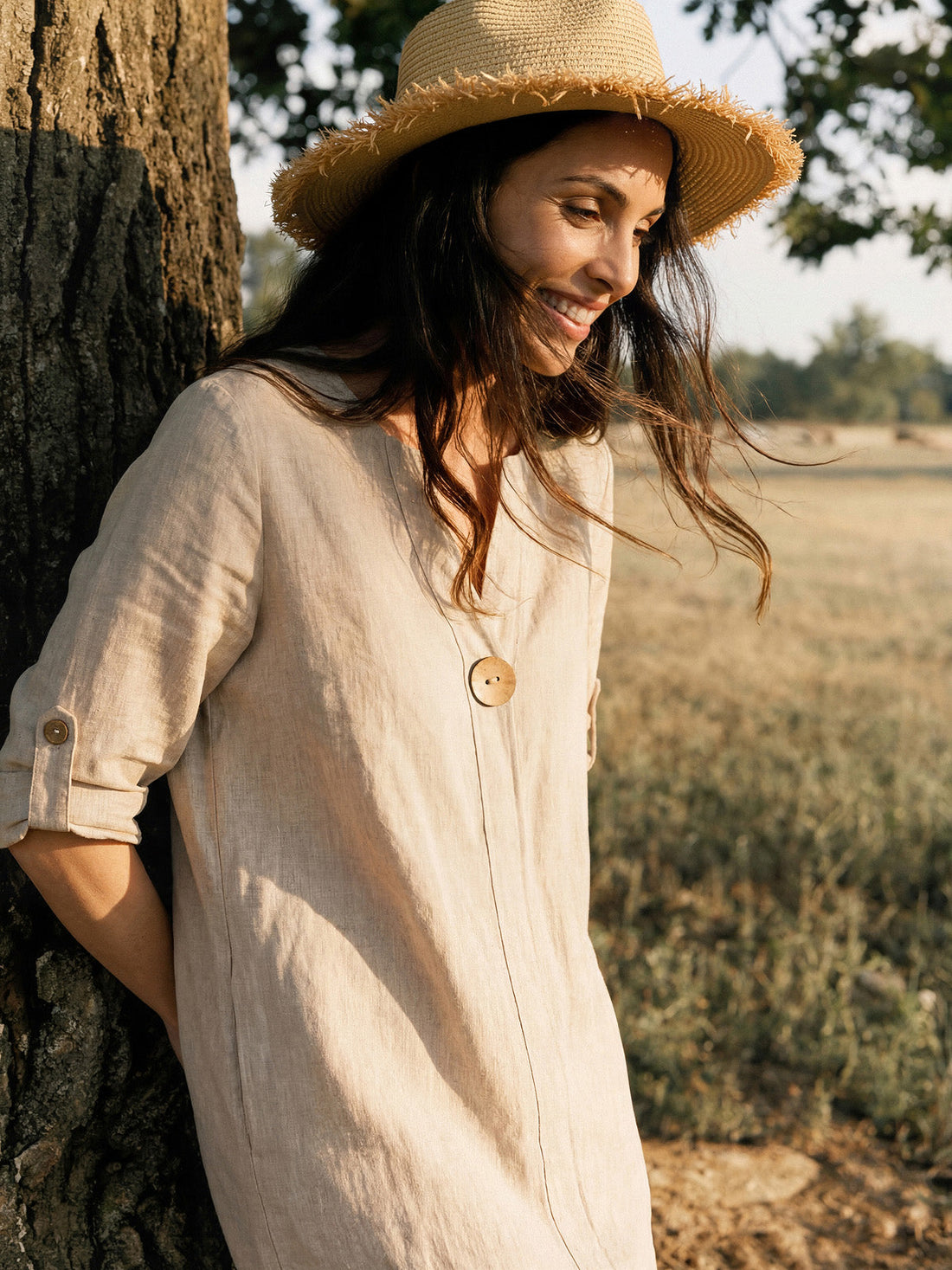 100% Linen Stand Collar V-Slit Tab Sleeve Maxi Dress LEORA - Glamourous Grace