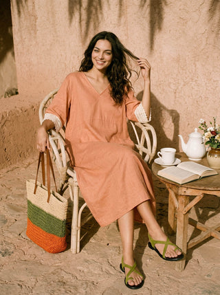 100% Linen Lace-Cuff Cocoon Maxi Dress PETRA - Glamourous Grace