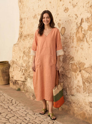 100% Linen Lace-Cuff Cocoon Maxi Dress PETRA - Glamourous Grace