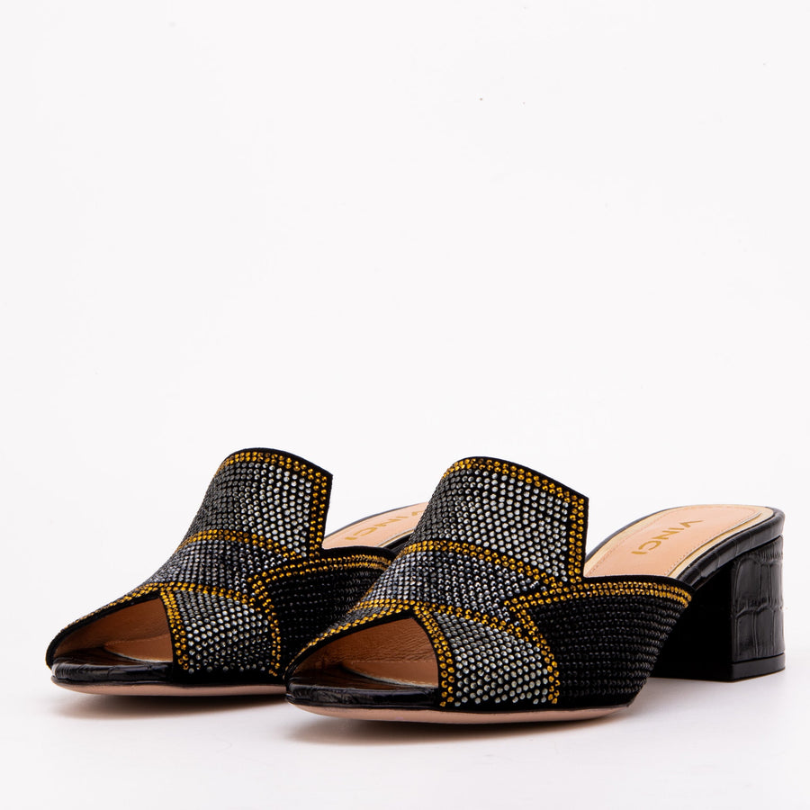 The Magnolia Black Glitter Leather Women Sandal - Glamourous Grace