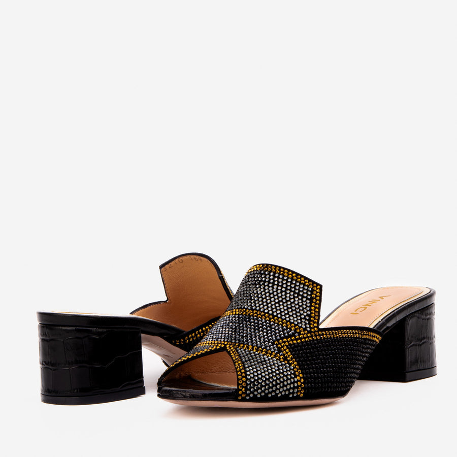 The Magnolia Black Glitter Leather Women Sandal - Glamourous Grace