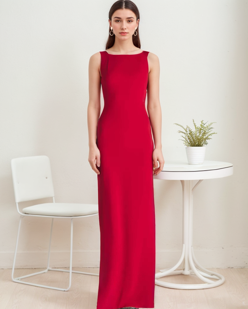 Modern bateau neckline hallowed back pencil skirt Stretchable satin prom dress - Glamourous Grace