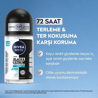 Nivea Men Black & White Invisible Fresh Deodorant Roll-On - Long Lasting Anti-Perspirant Protection for Men, 72 Hours Sweat & Odor Control, Anti-Stain, Dermatologically Tested - Glamourous Grace
