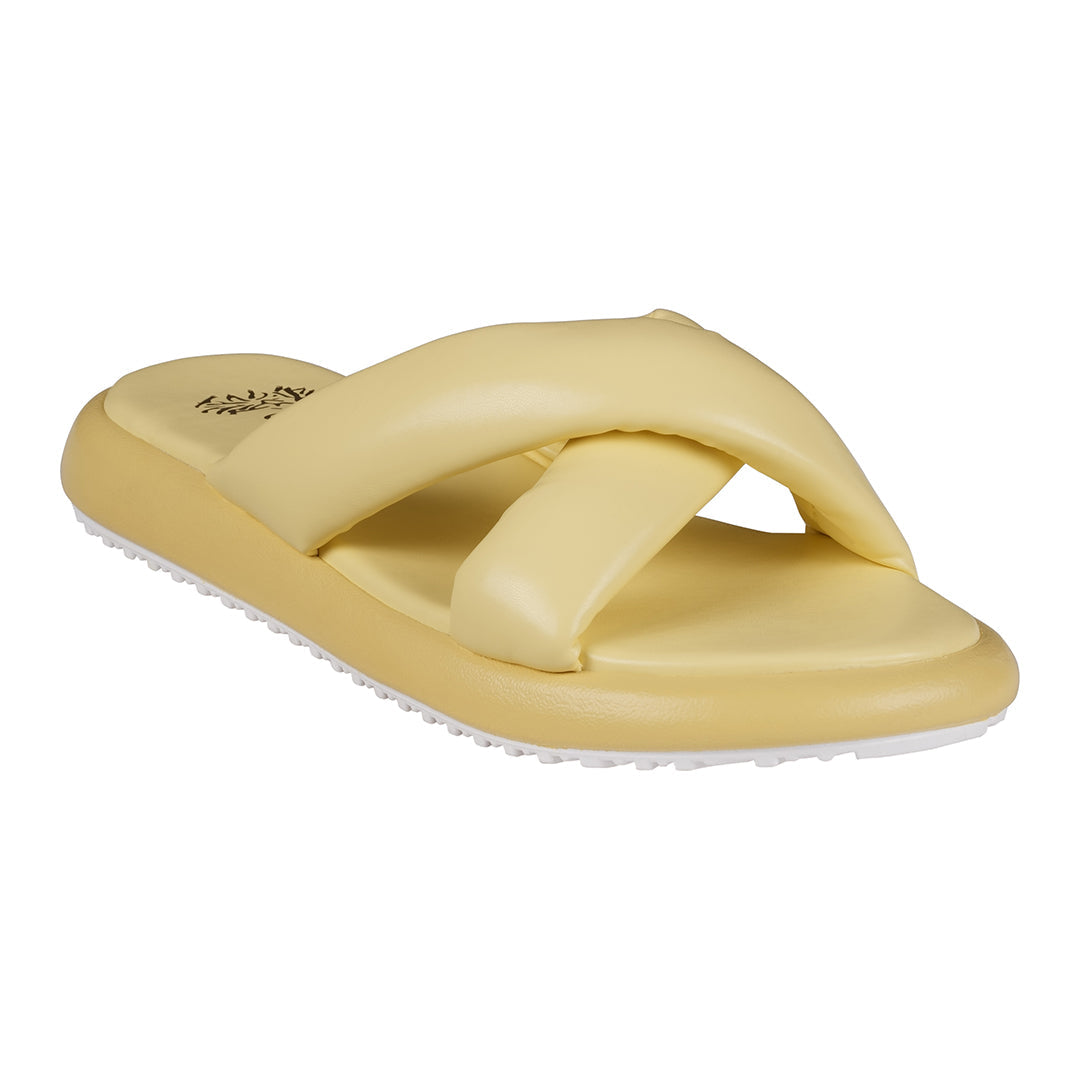 Nalani Yellow Cross-Strap Slide Flat Sandals - Glamourous Grace