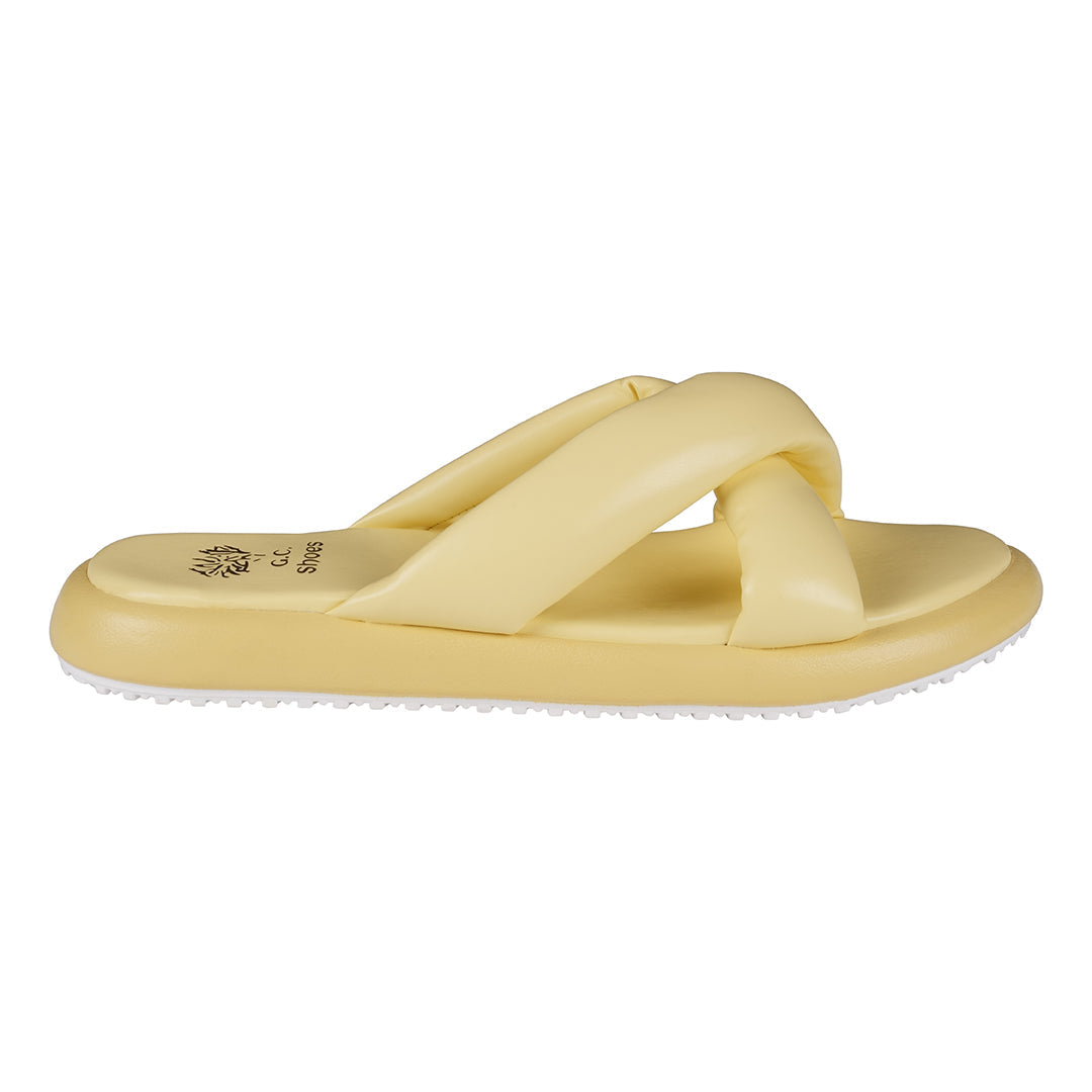 Nalani Yellow Cross-Strap Slide Flat Sandals - Glamourous Grace
