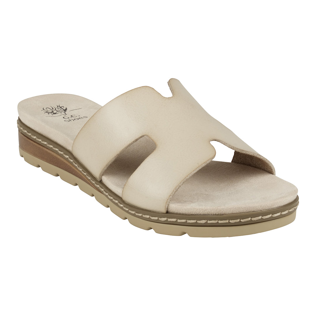 GC Shoes Women's Nellie Beige Cut-Out Slide Flat Sandals in Vegan Leather and Slip on Design - Glamourous Grace