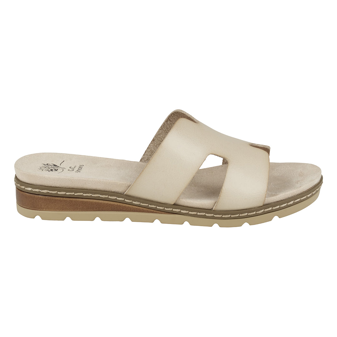 GC Shoes Women's Nellie Beige Cut-Out Slide Flat Sandals in Vegan Leather and Slip on Design - Glamourous Grace