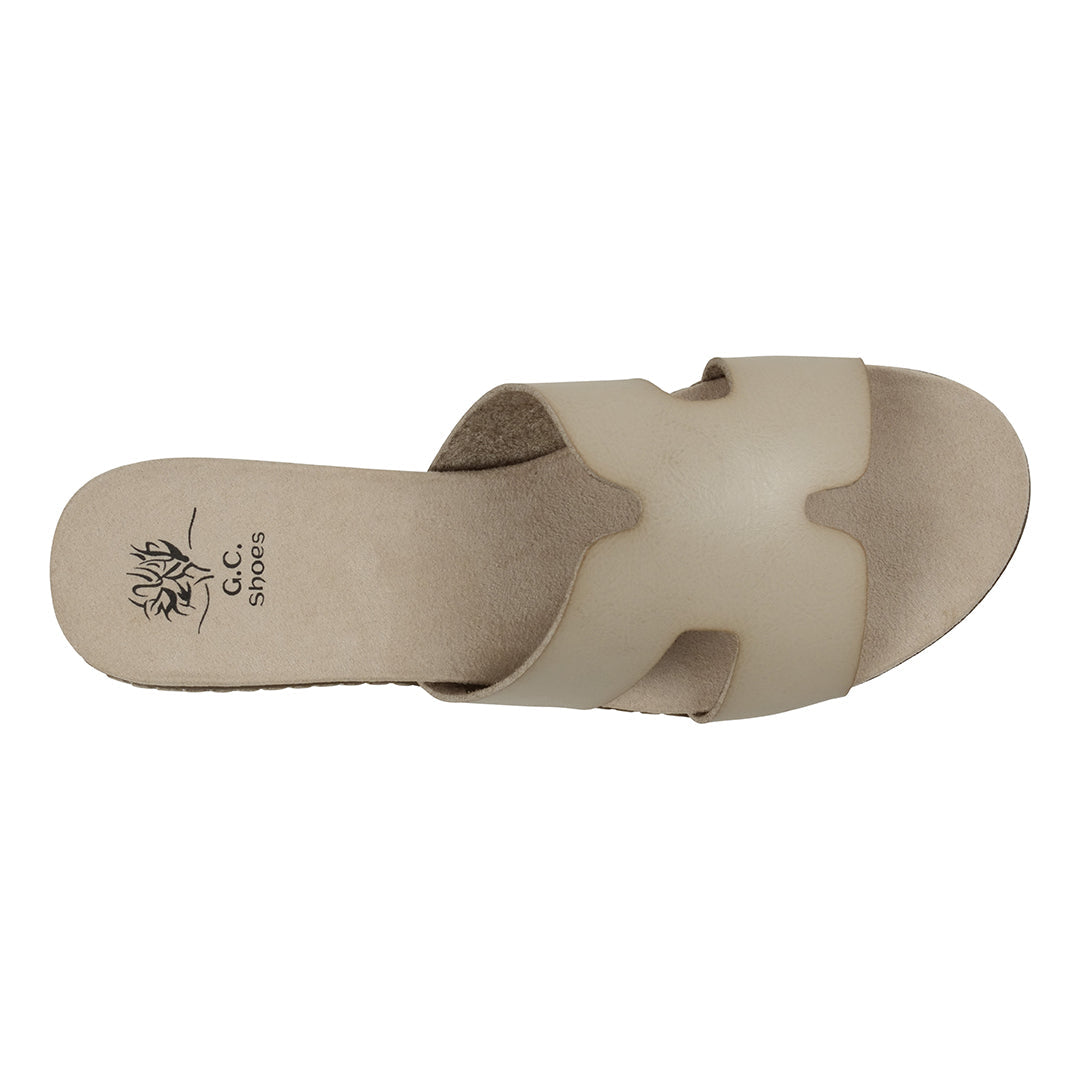 GC Shoes Women's Nellie Beige Cut-Out Slide Flat Sandals in Vegan Leather and Slip on Design - Glamourous Grace